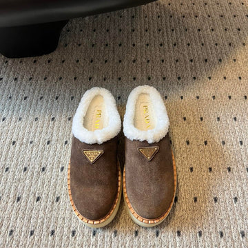 Prada 25S Furry Half-Cover Slippers Brown Suede And Wool 538428