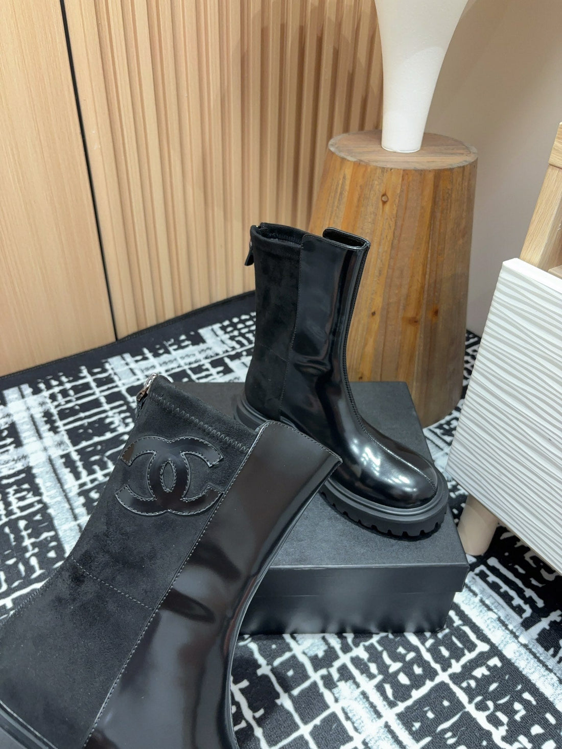 CC Short Boots 45MM Glossy Black Calfskin And Suede