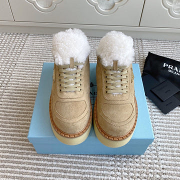 Prada Mid-Top Sneakers Light Khahi Suede White Shearing 564158
