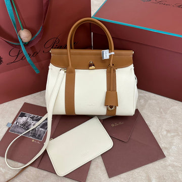 Loom Bag 25 In White Mix Bronze Brown Calfskin With Gold Hardware