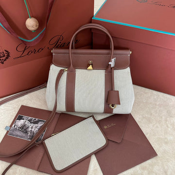 Loom Bag 25 In Umber Brown Calfskin With Beige Linen Gold Hardware