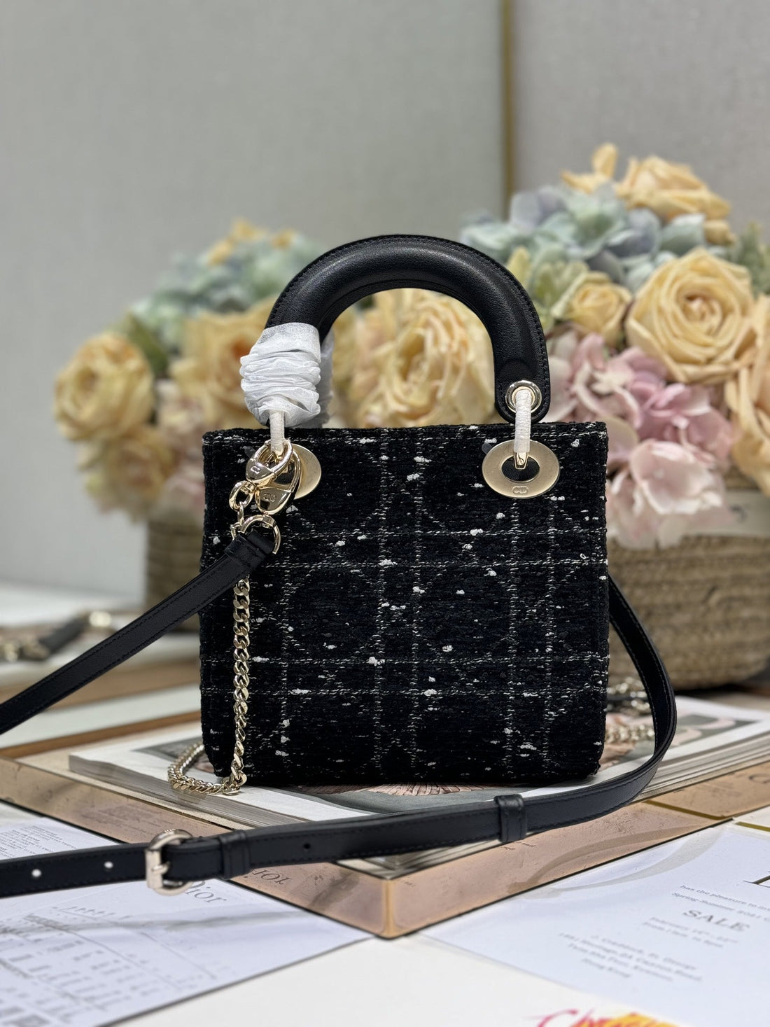 CD Lady 17CM Black Lambskin Black White Canvas