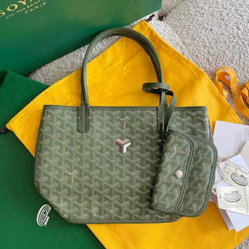 Anjou Mini Bag 20 In Woodland Green Goyardine Canvas And Calfskin