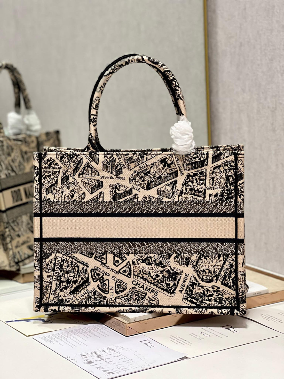 CD Paris Apricot Book Tote 36CM Bag Black Beige Canvas 336525