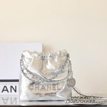 25C Hobo 22 Bag 19CM Silver Metalic Lambskin