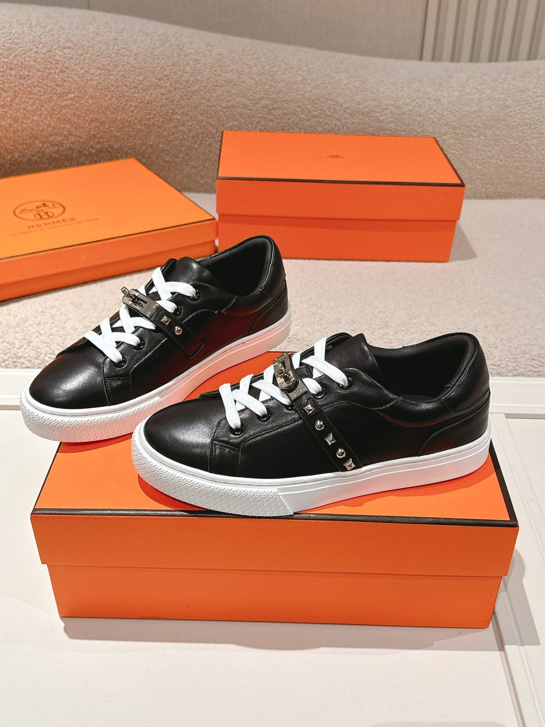 Hm Day Sneakers Studs Black White Calfskin 577508