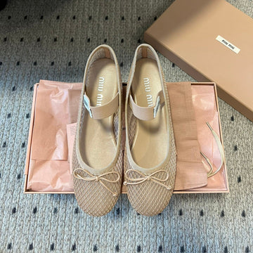 Miu 26S Ballerinas In Beige Mesh Fabric With Bow