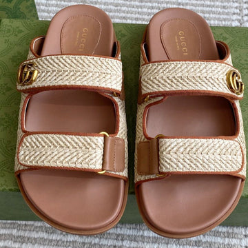Gc Sandal With Double G Brown Mix Beige Canvas Sheepskin 291016