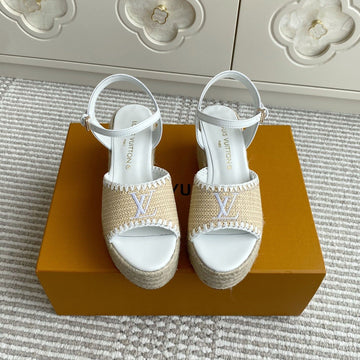LV Beige·raffia Straw Wedge Sandals 7.5cm White Lining Leather 291583