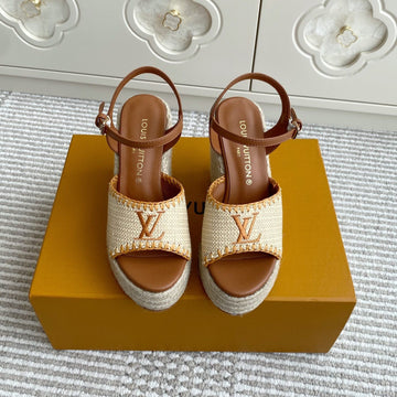 LV Beige·raffia Straw Wedge Sandals 11.5cm Gold Lining Leather 291588