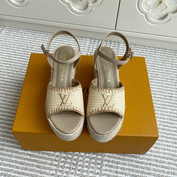 LV Beige·raffia Straw Wedge Sandals 7.5cm Light Brown Lining Leather 291589