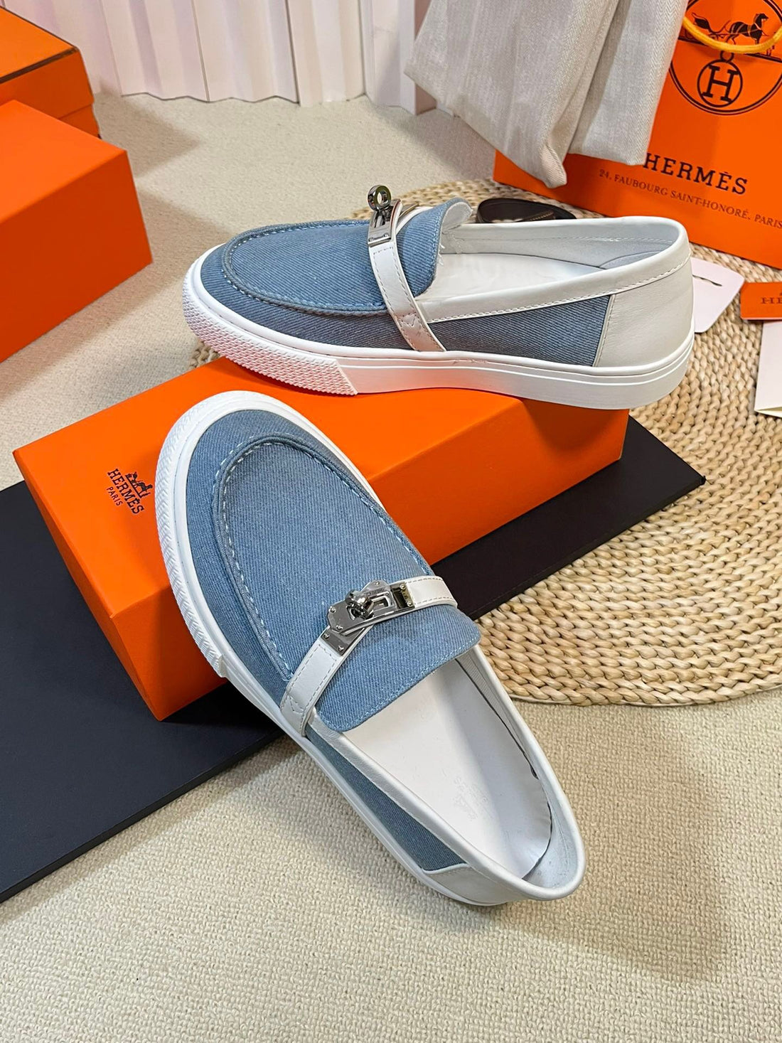 Hm Denim Loafer Blue White Cowhide Cloth 317048