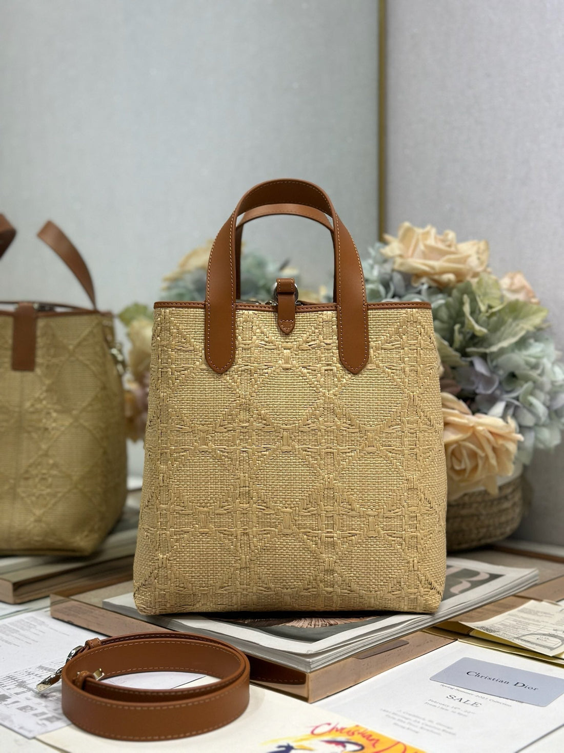 CD Medium Toujours Vertical Tote Bag 23CM Natural Cannage Raffia 288651