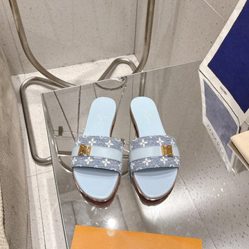 LV Flat Mules Pairs Raffia Baby Blue Mix Denim Cowhide 383719