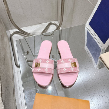 LV Flat Mules Pairs Raffia Pink Monogram Cowhide 383723