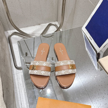 LV Flat Mules Pairs Raffia Brown Monogram Cowhide 383724