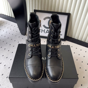 CC Buckle Ankel Boots With Chain 100MM Black Sheepskin Ghw 432502