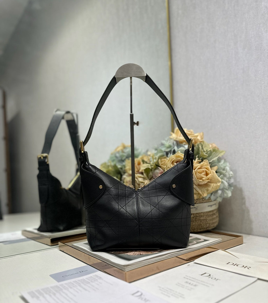 CD Small Dior Voyage Bag 22CM Black Macrocannage Calfskin 288618