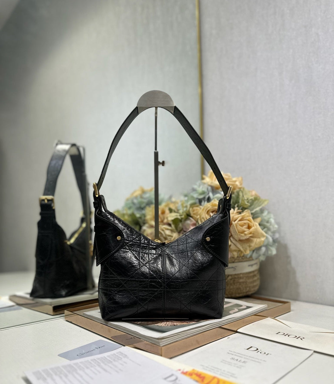 CD Small Dior Voyage Bag 22CM Black Glossy Macrocannage Calfskin 288624