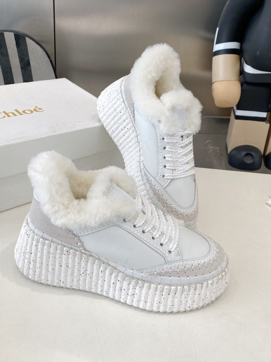 Chloé Nama Sneaker White Cowhide Wool 531607