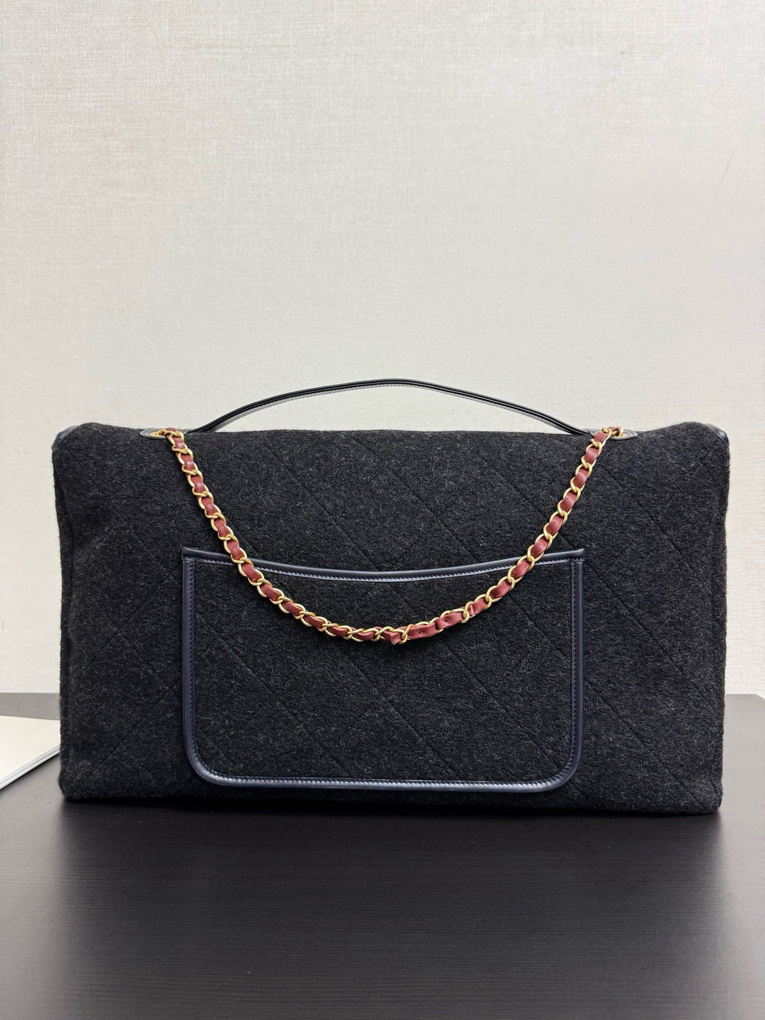 Chanel 2025 Maxi Flap Bag With Top Handle 56CM Black Wool Leather