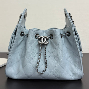 Chanel 2026 Hobo Bag 22CM Light Blue Grained Calfskin With Silver Hardware