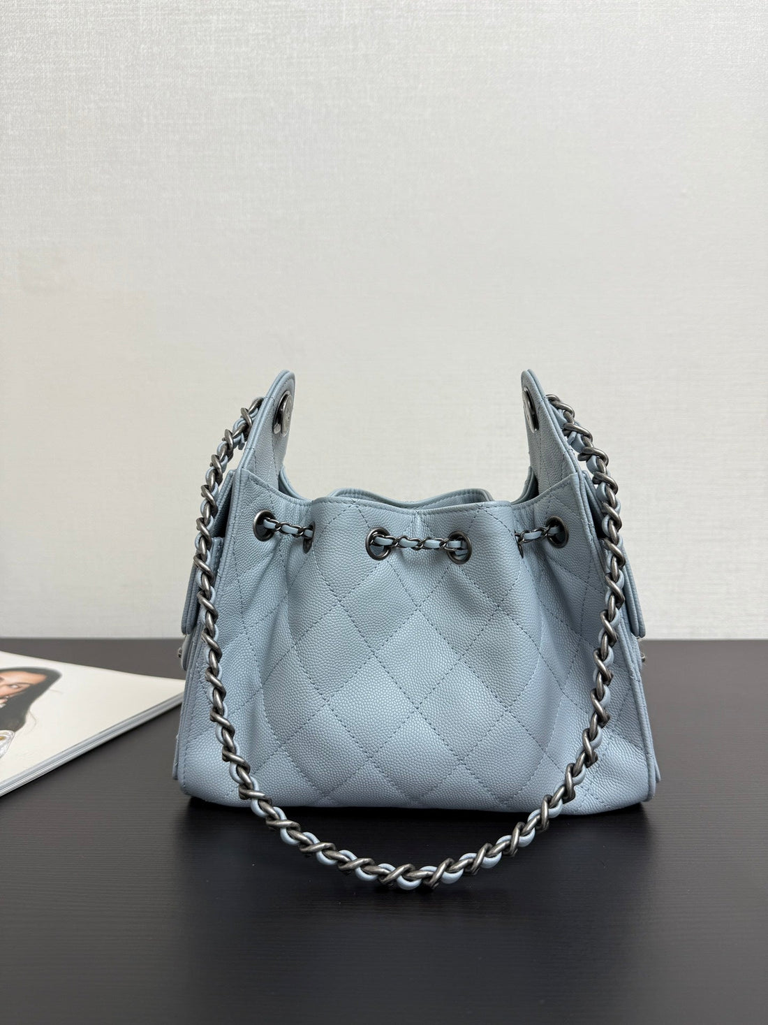 Chanel 2026 Hobo Bag 22CM Light Blue Grained Calfskin With Silver Hardware
