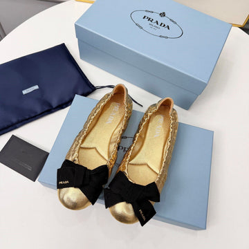 Prada 26S Bow Ballet Flats Gold Metalic Leather 624084