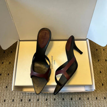 YSL 26SS High Heeled Mules 75 Black Burgundy Cowhide 651764