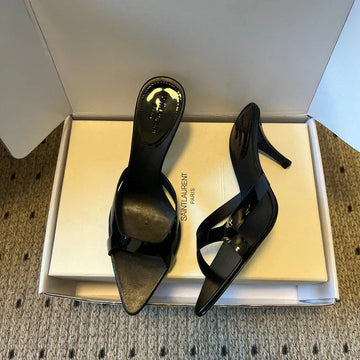 YSL 26SS High Heeled Mules 75 Black Patent Leather Cowhide 651767