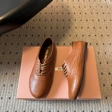 Miu 26S Lace-Up Leather Shoes Camel Sheepskin 726837