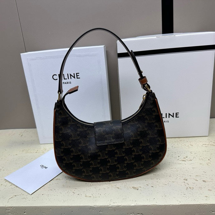 Celine Ava Bag 23CM Triomphe Canvas Black Dark Brown Calfskin