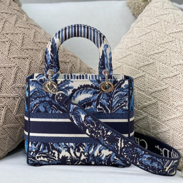 Medium Lady D-Lite Blue Palms Embroidery