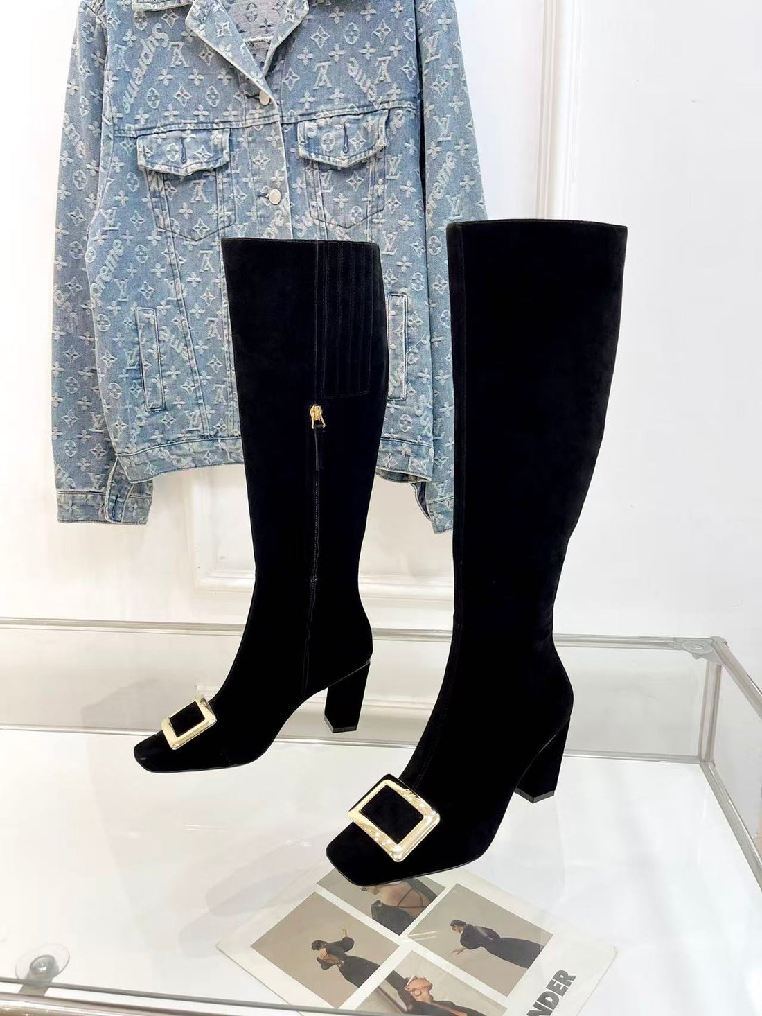 Belle Vivier Long Booties 7.5cm Black Suede