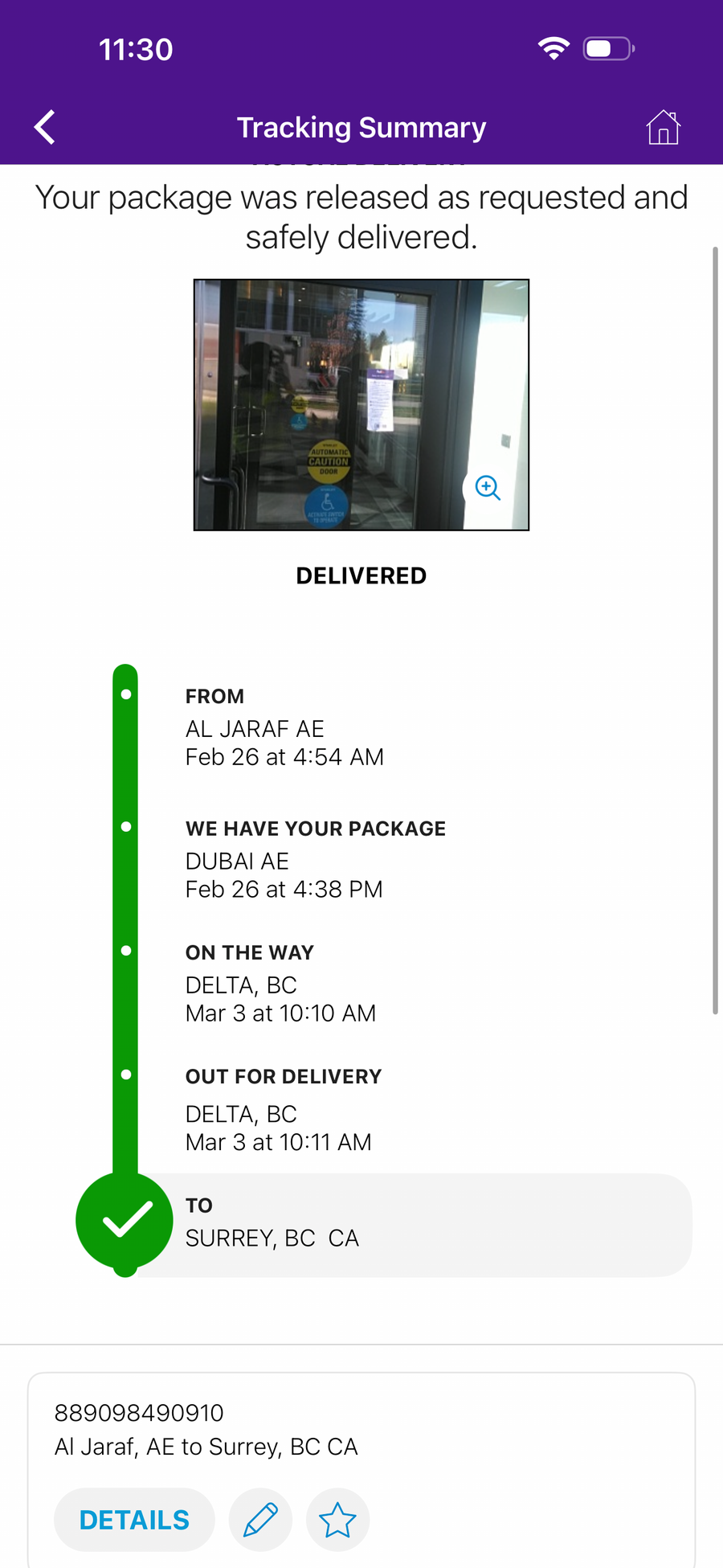 Delivery proof screenshot
