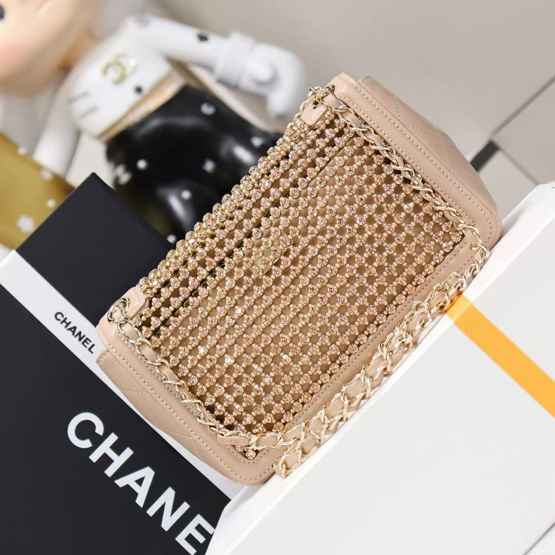 CC Crystal Flap Bag With Pouch Beige Lambskin