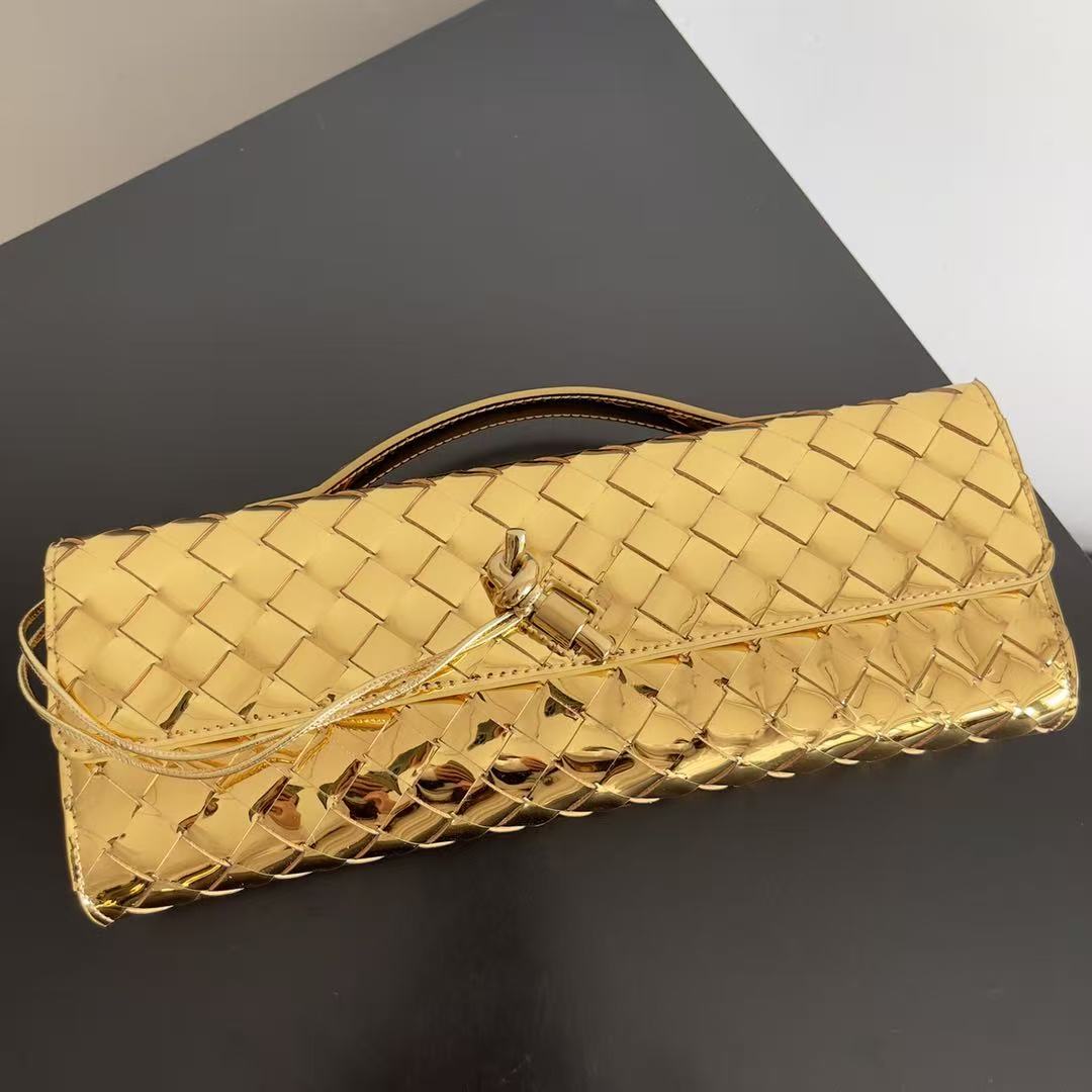 Bv Long Clutch Andiamo With Handle 31CM Golden Metalic Calfskin