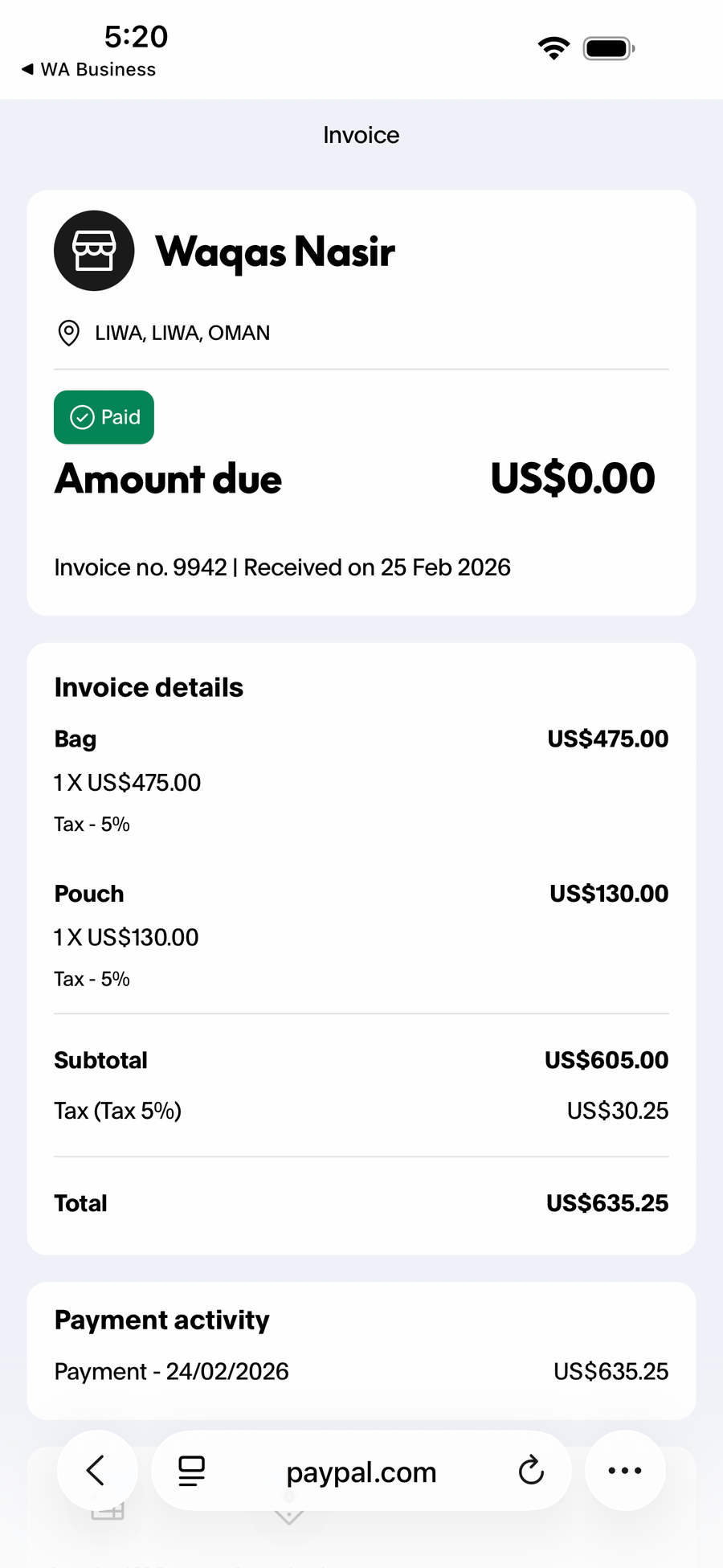 Payment proof screenshot
