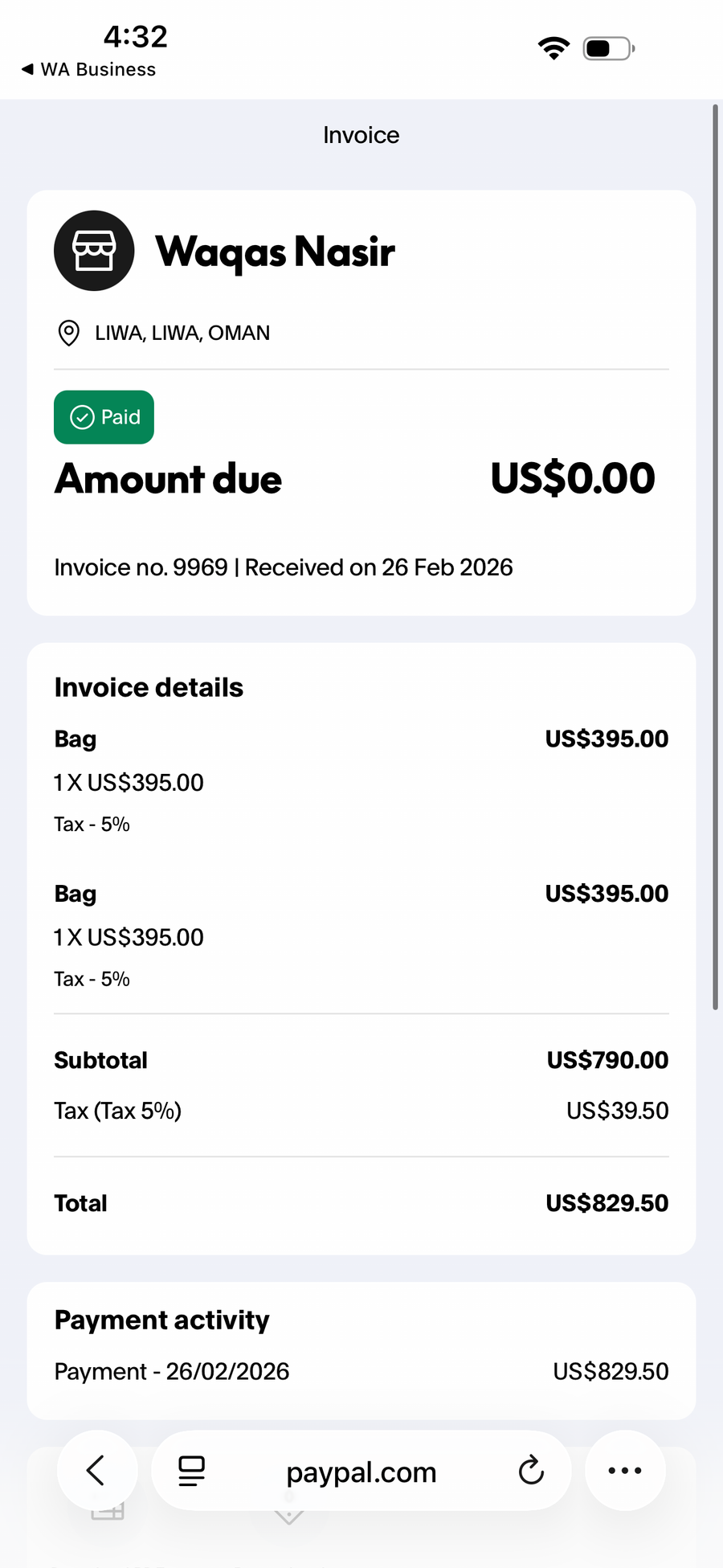 Payment proof screenshot