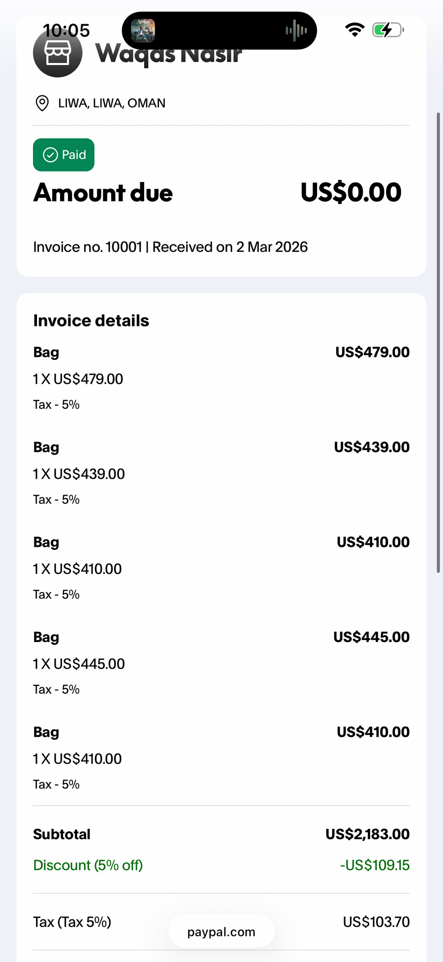 Payment proof screenshot