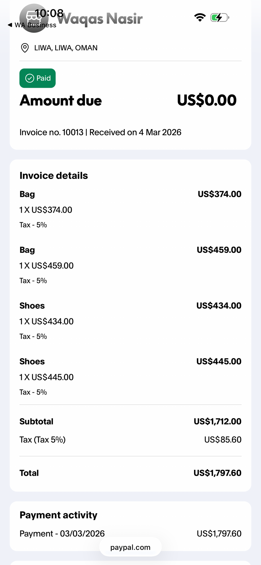 Payment proof screenshot