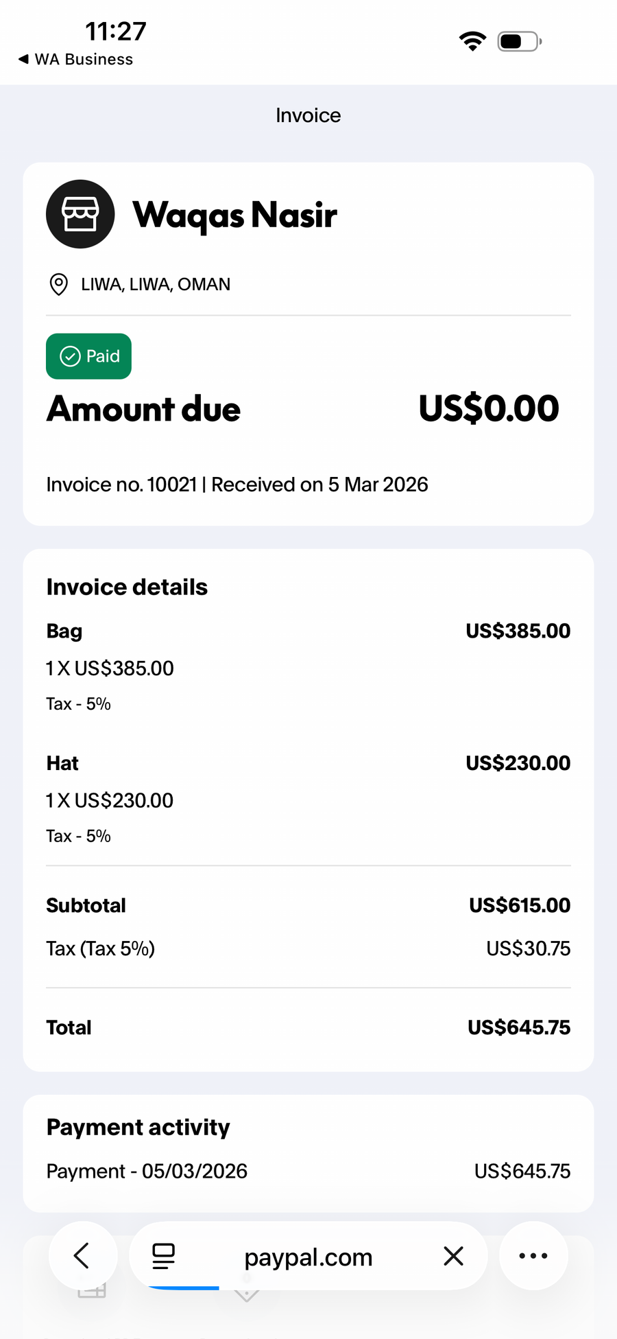 Payment proof screenshot