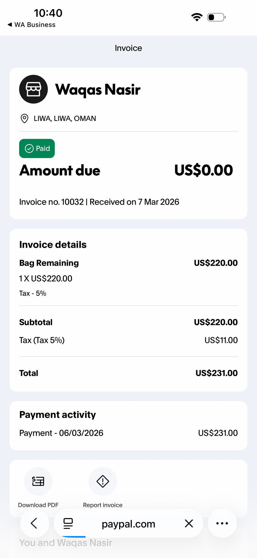 Payment proof screenshot