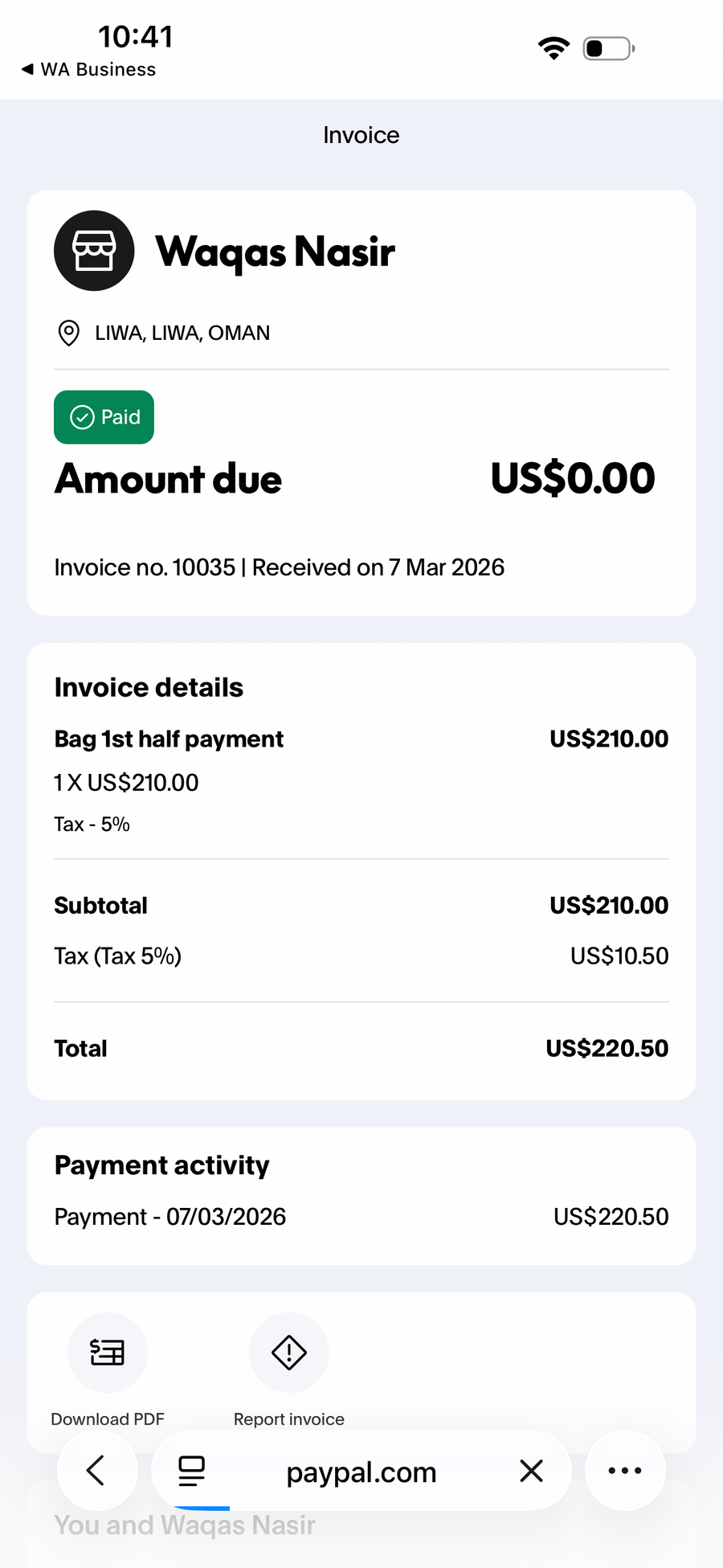 Payment proof screenshot