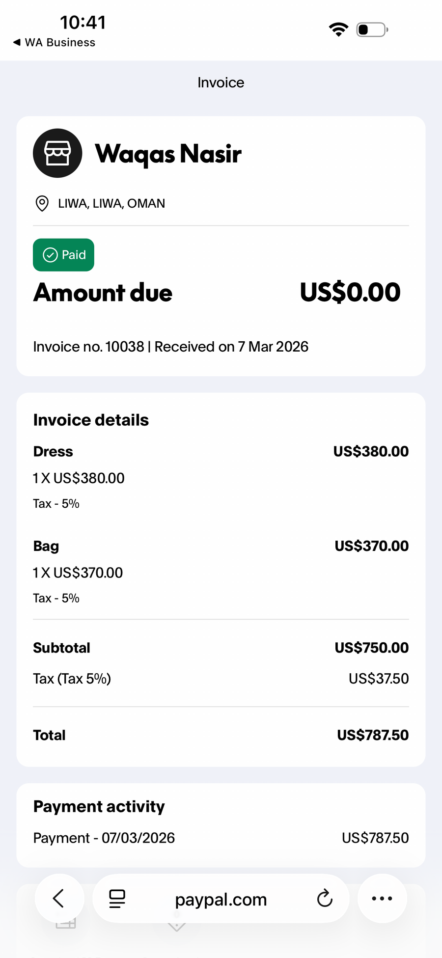 Payment proof screenshot