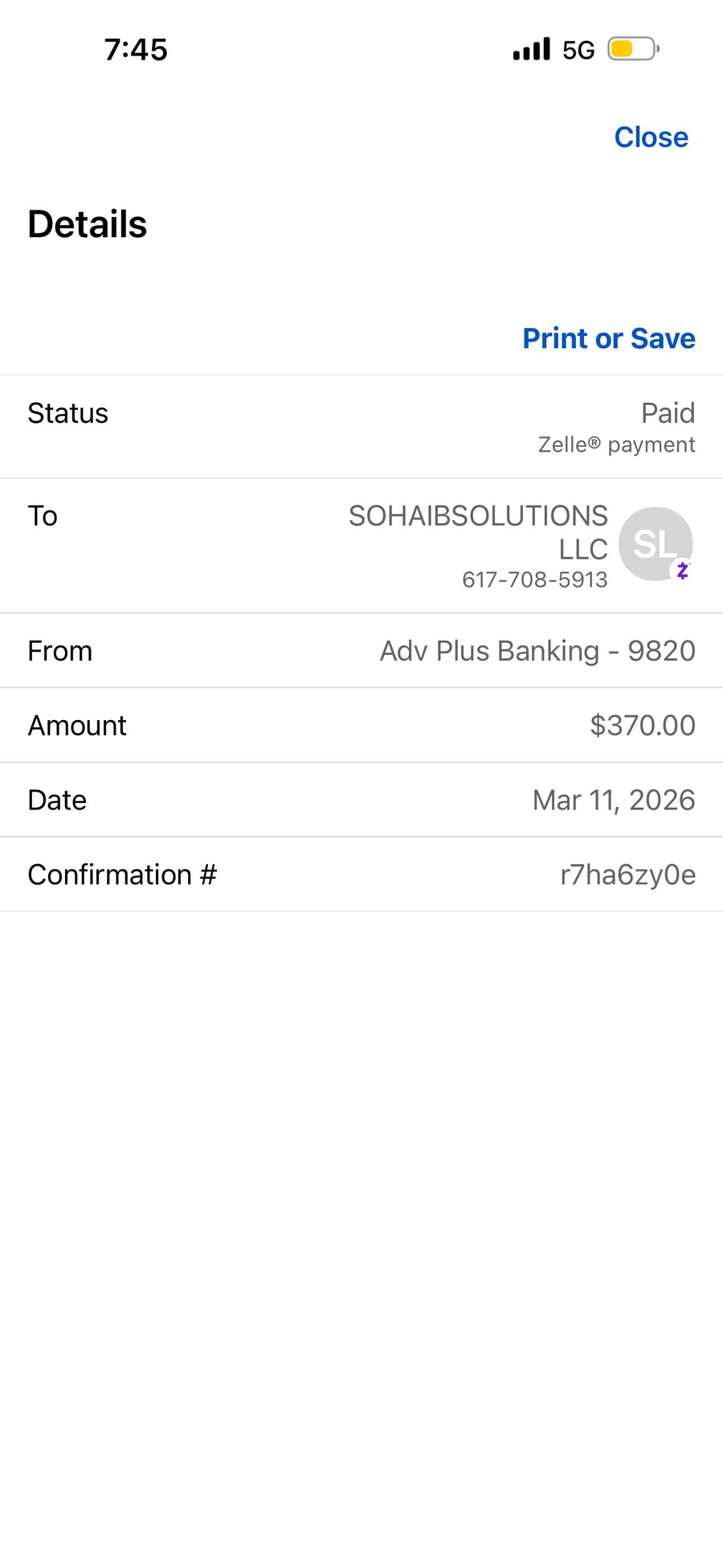 Payment proof screenshot