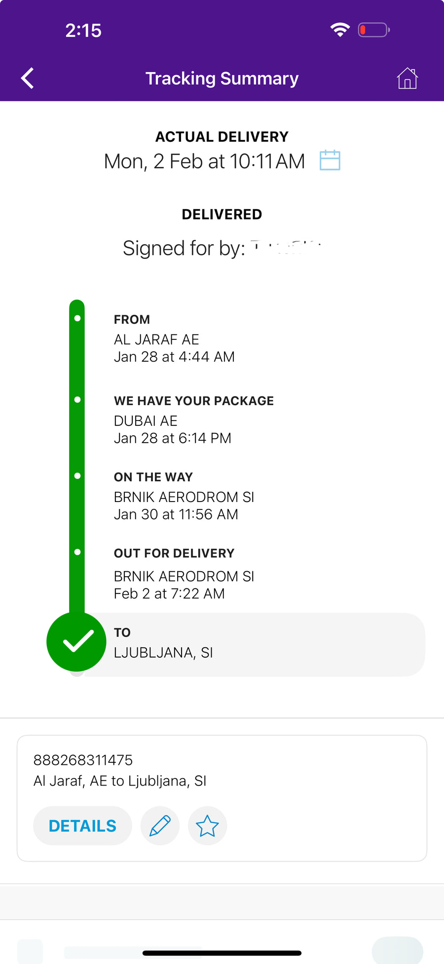 Delivery proof screenshot