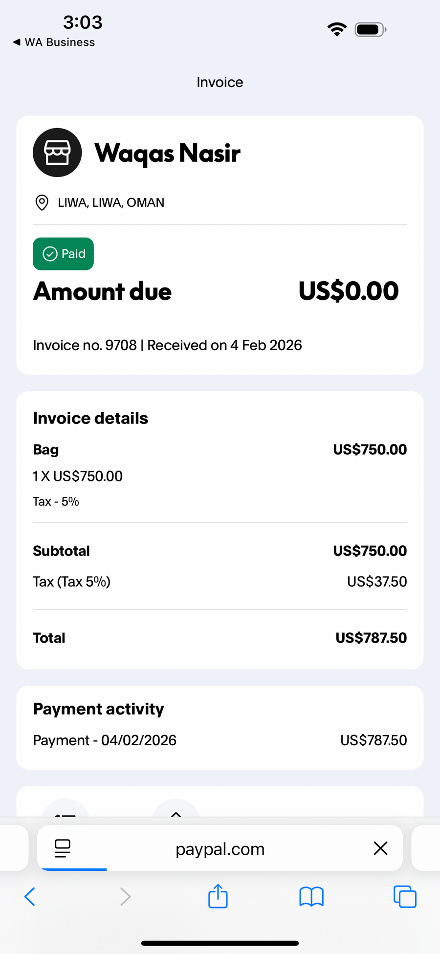 Payment proof screenshot
