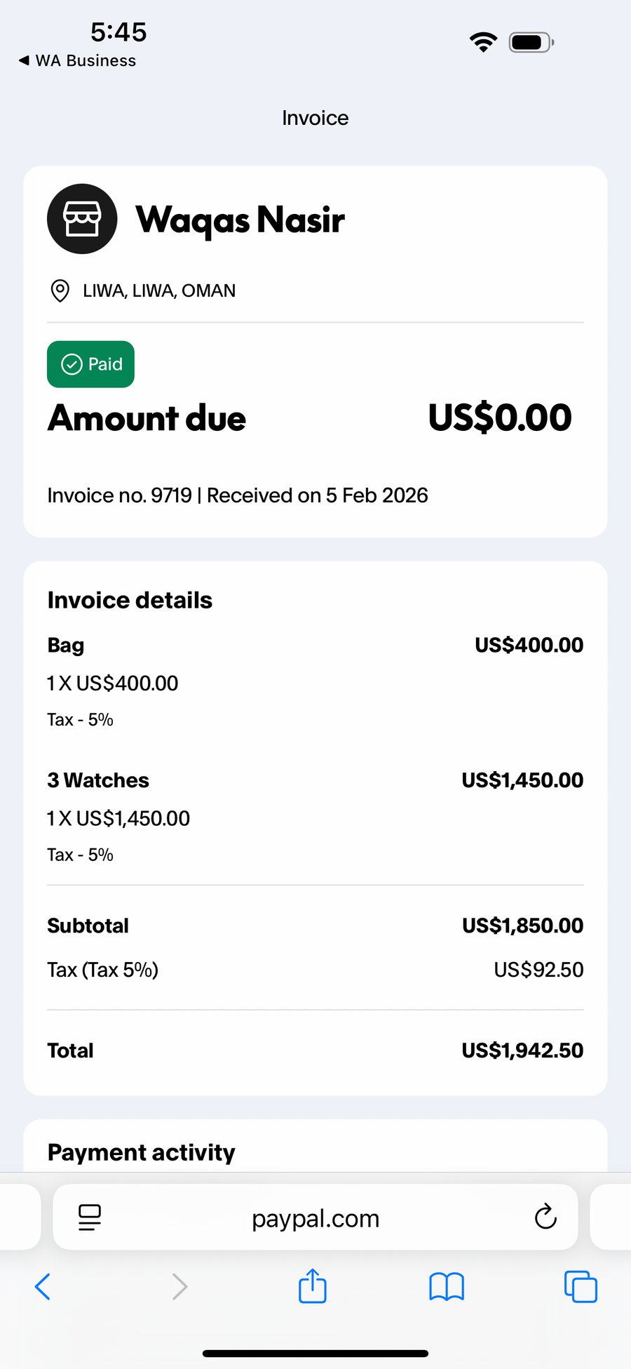 Payment proof screenshot