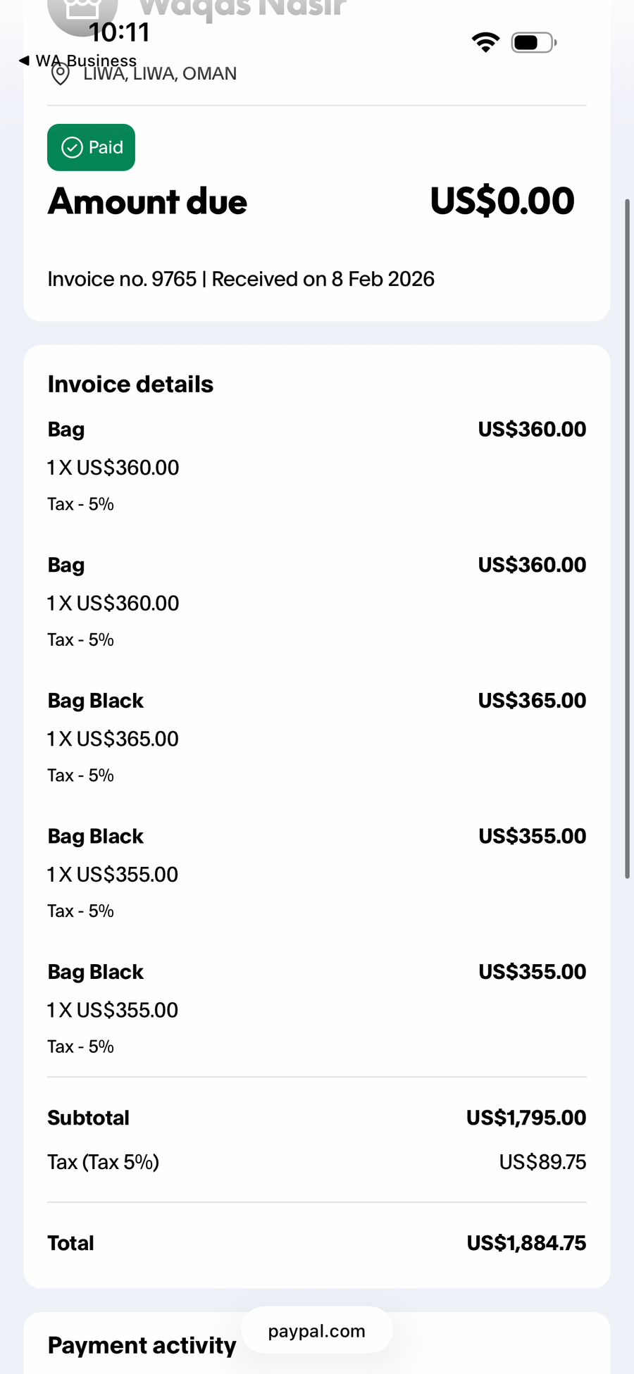 Payment proof screenshot